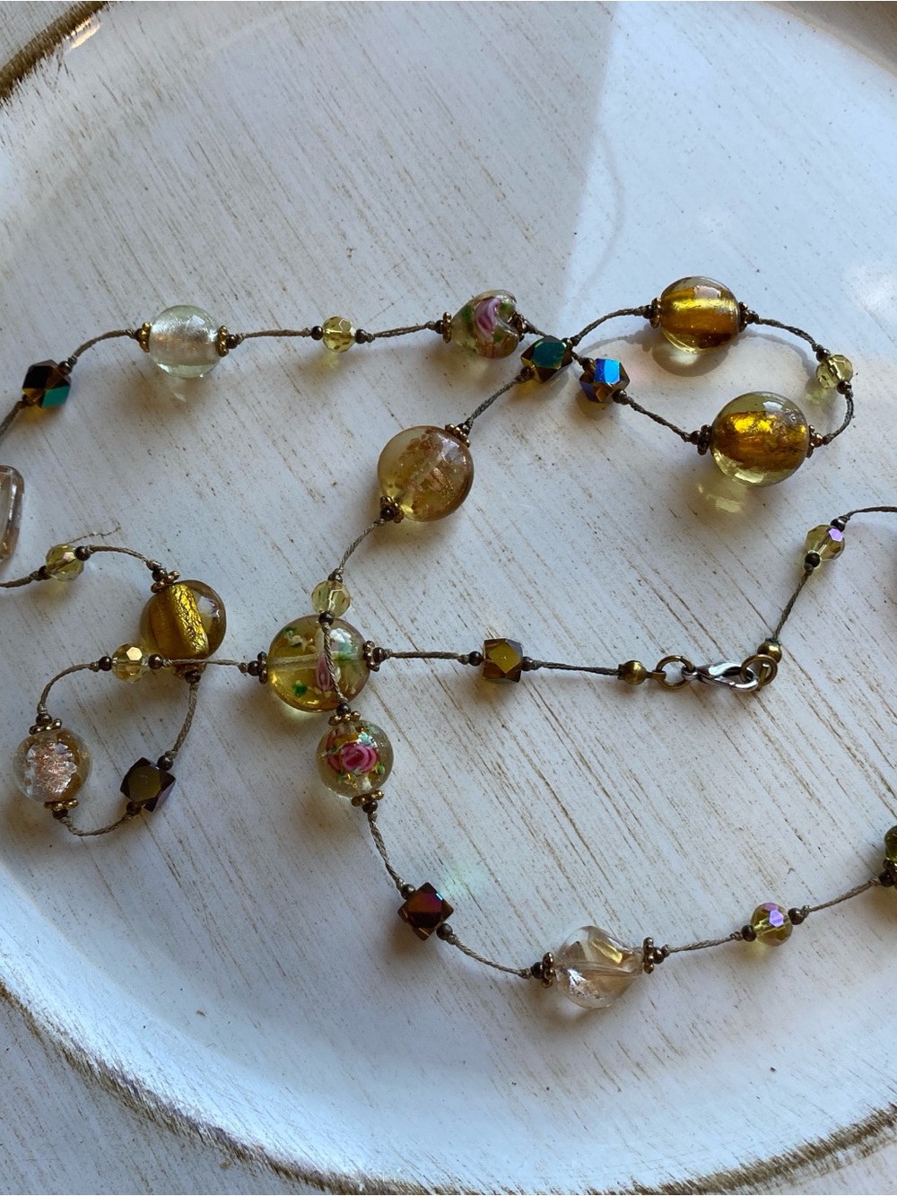 Vintage Venetian-Style Glass Bead Necklace 30" Amber Gold Foil Rose Beads